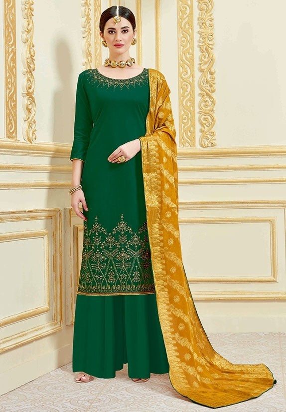 Buy Stylish Dark Green Georgette Salwar Suit With Heavy Dupatta Online